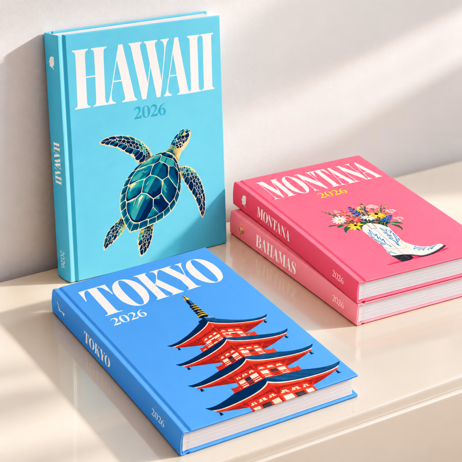 Hawaii, Tokyo, Montana and Bahamas hardcover travel photo books standing and stacked, their thick page edges showing