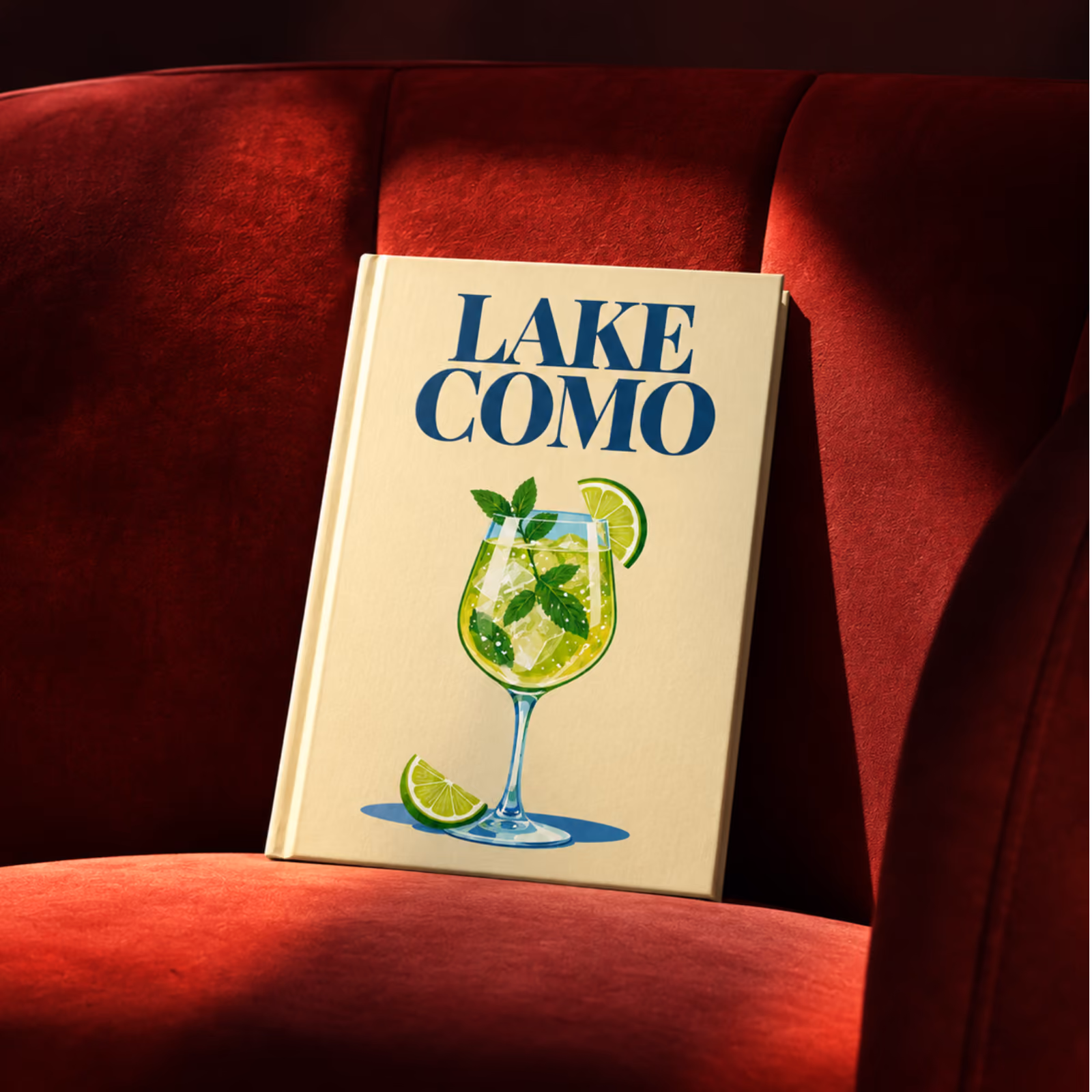 A cream Lake Como travel photo book with an illustrated spritz, propped on a red velvet armchair