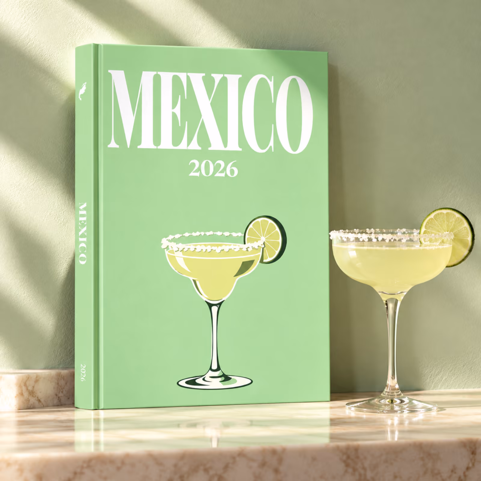 A green Mexico travel photo book with an illustrated margarita, standing beside a real margarita