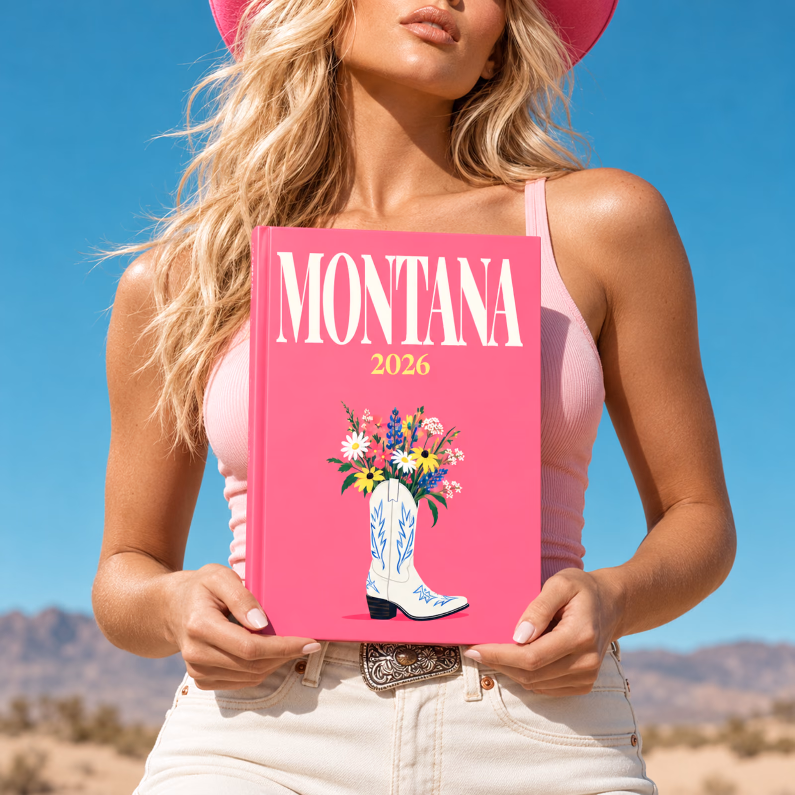 A woman in a pink hat holding up a pink Montana travel photo book with an illustrated cowboy boot of flowers