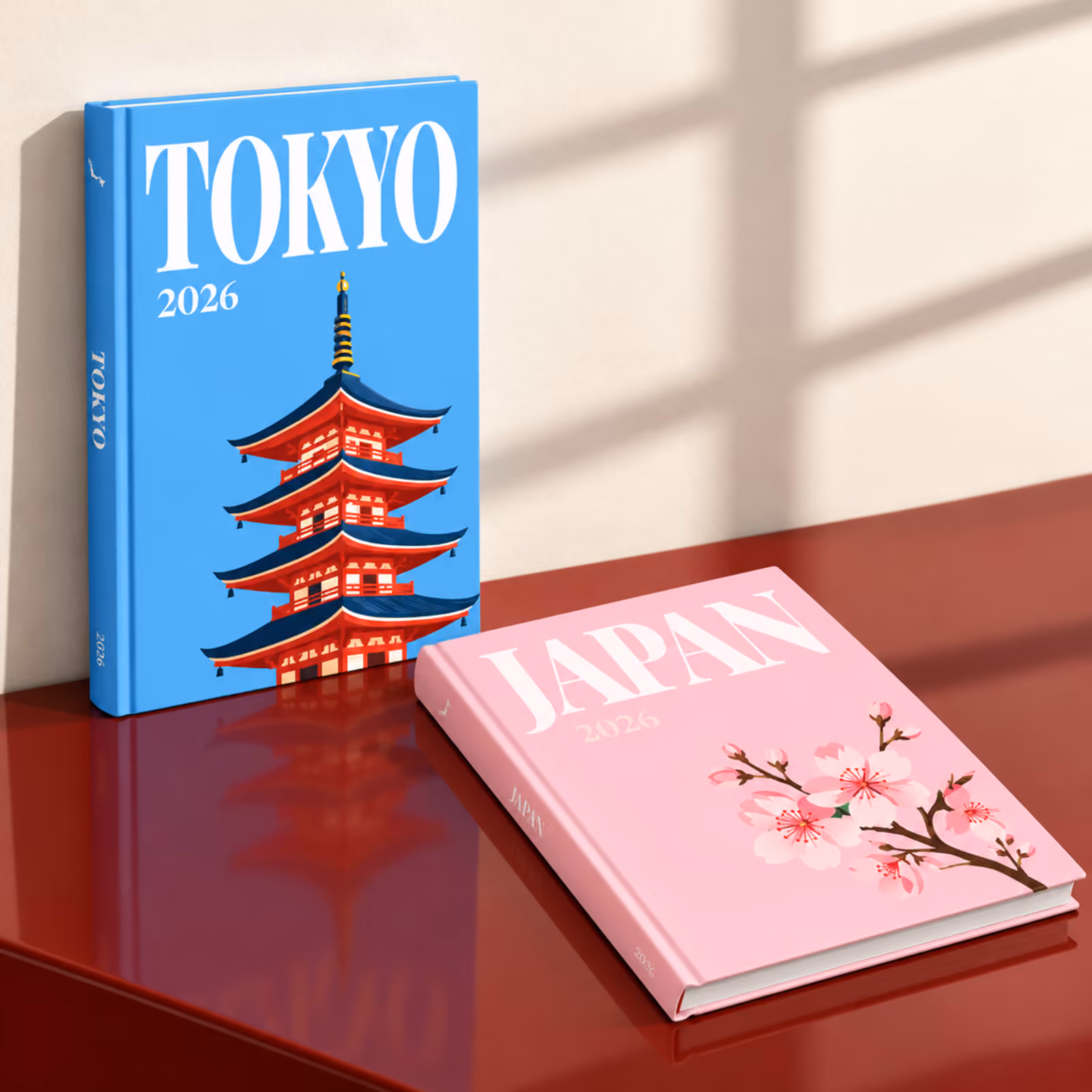 A blue Tokyo hardcover photo book standing beside a pink Japan photo book on a glossy red shelf