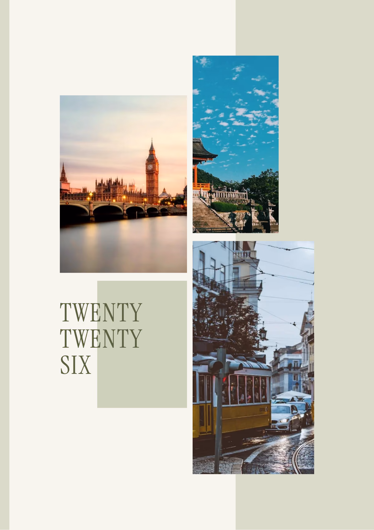 Year in review photo book with a white and sage cover with three offset travel photos and the year spelled out in olive capitals