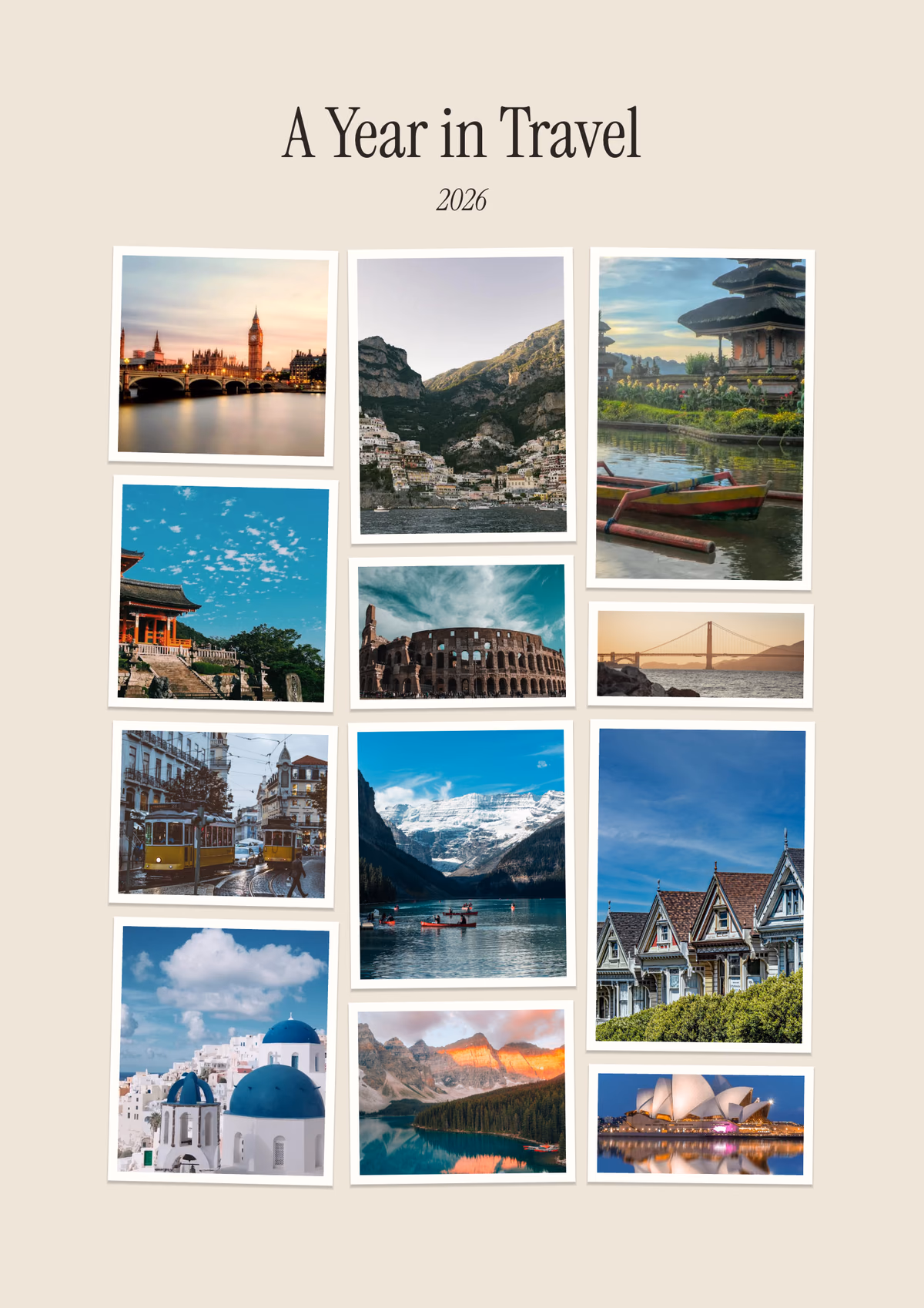 Year in review photo book with a linen cover with A Year in Travel and the year above twelve white-bordered travel prints, each set at a slight tilt