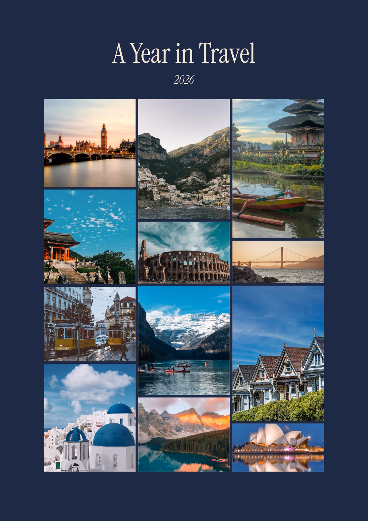 Year in review photo book with a navy cover with A Year in Travel and the year above a mosaic of twelve travel photos, from Big Ben to the Sydney Opera House