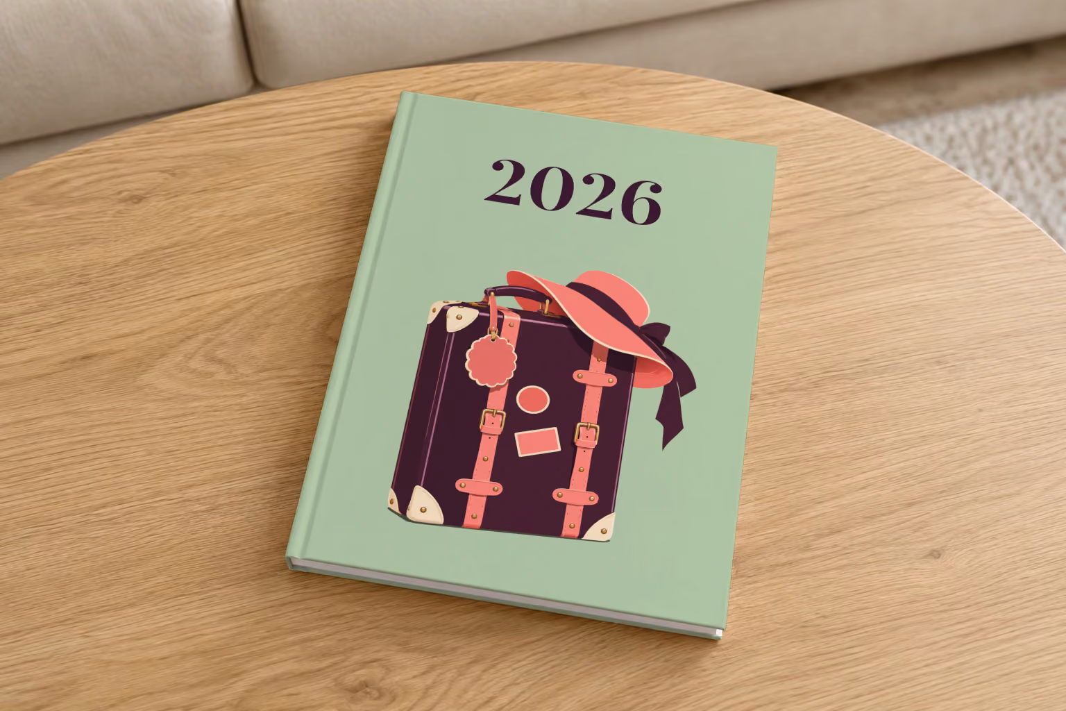 Suitcase year in review hardcover photo book, a sage cover with an illustrated suitcase and sun hat, on a round oak coffee table in a bright living room