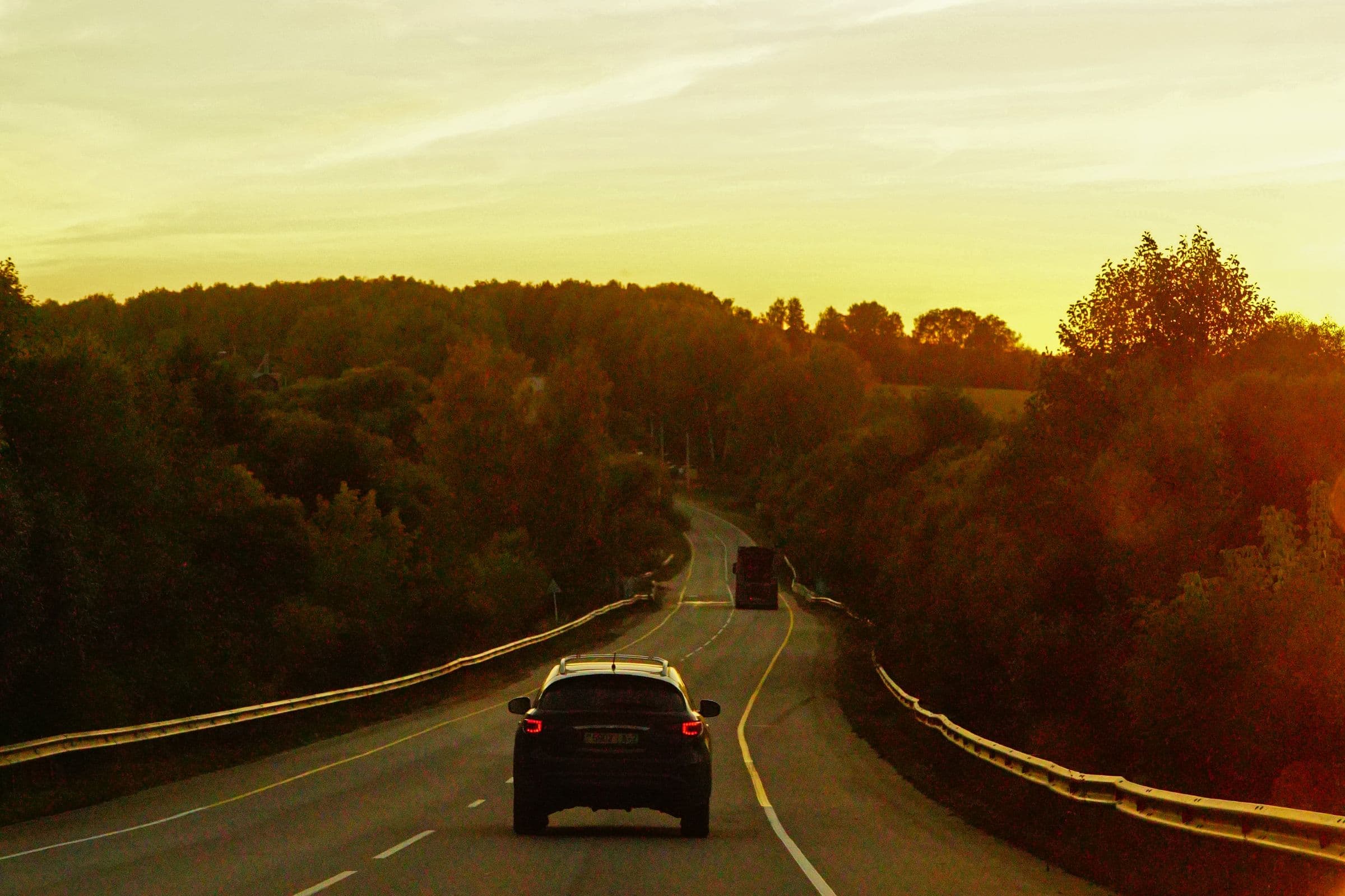 Car travelling along a forest road at sunset
