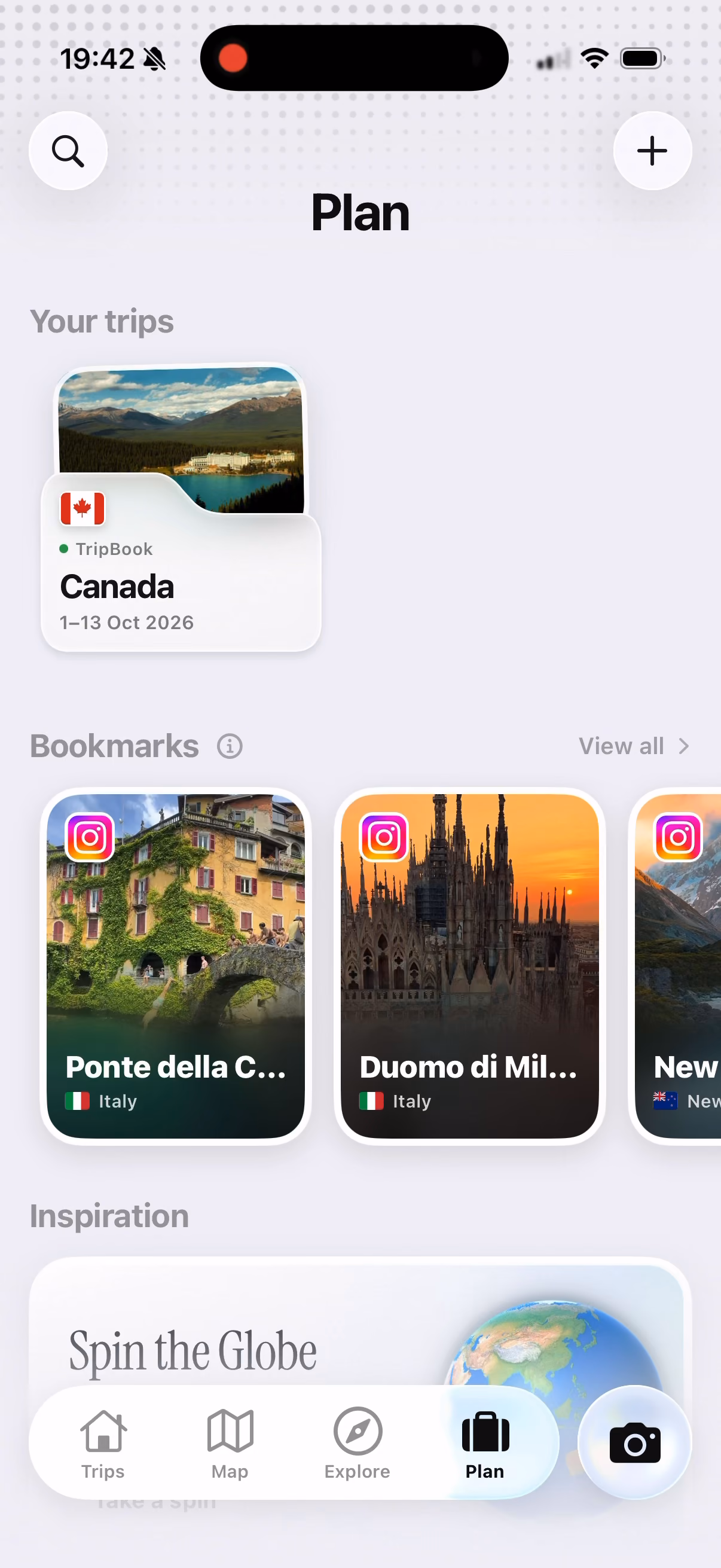 TripMemo Plan tab on iPhone showing saved Instagram bookmarks for places in Italy