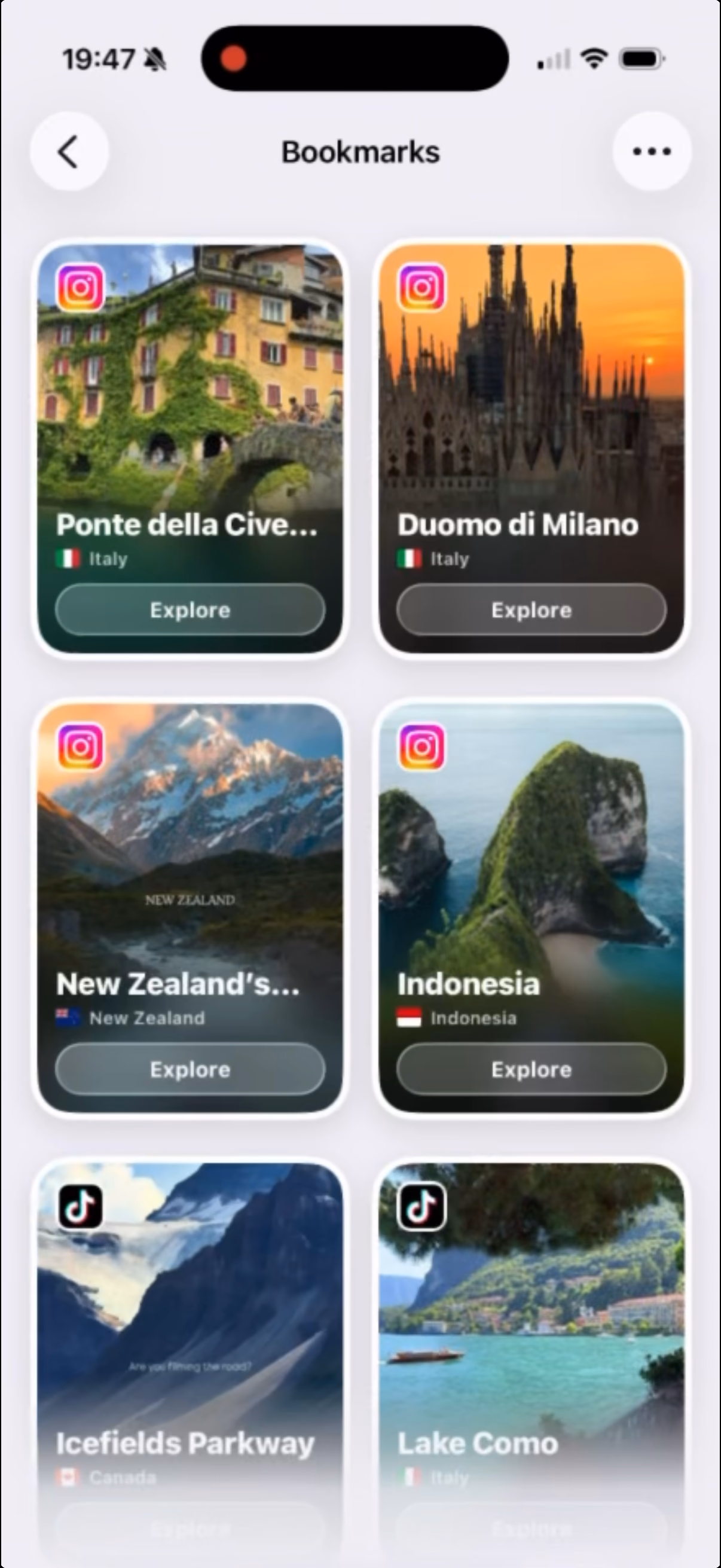 TripMemo bookmarks with saved Instagram and TikTok travel ideas