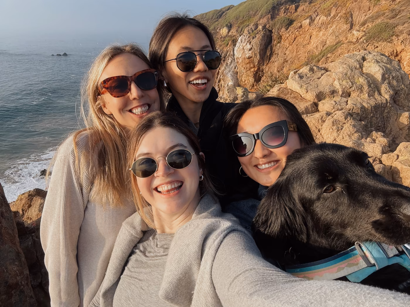 Four friends and their dog taking a coastal selfie