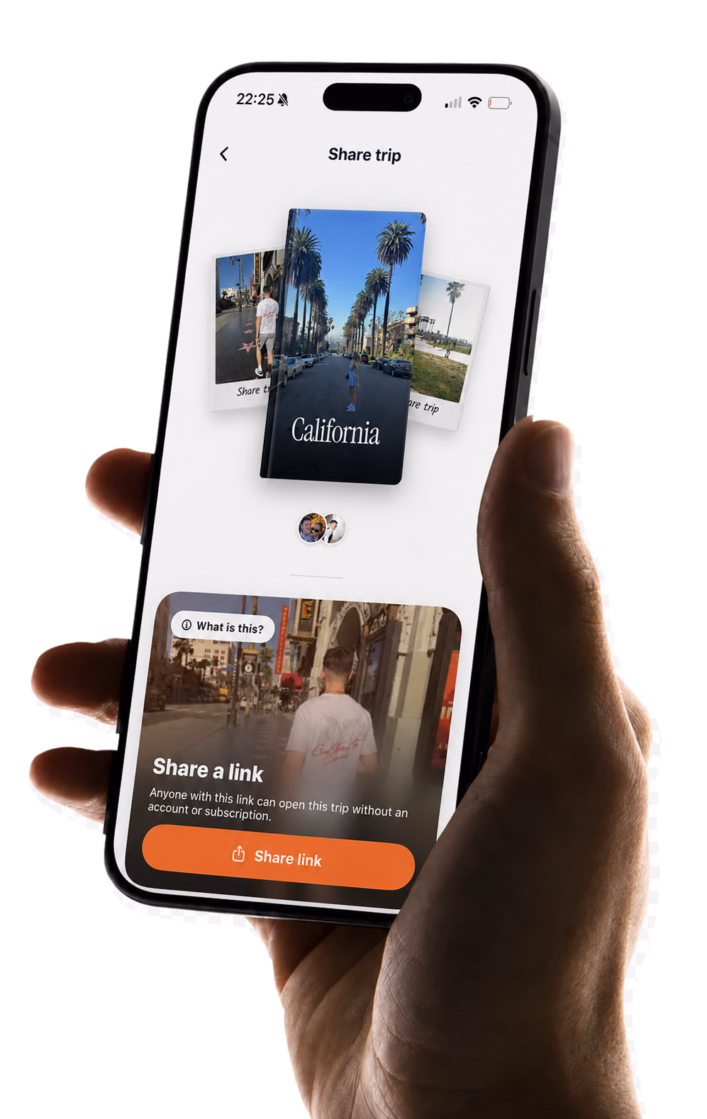 TripMemo viewer-link screen for sharing a completed TripBook and TripMap, shown on an iPhone held in hand