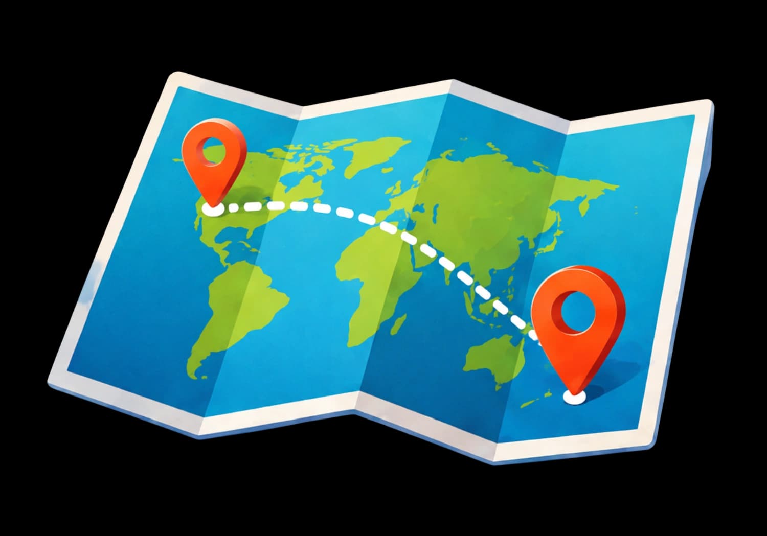A folded world map with two location pins joined by a dashed line, illustrating the shortest route between two countries