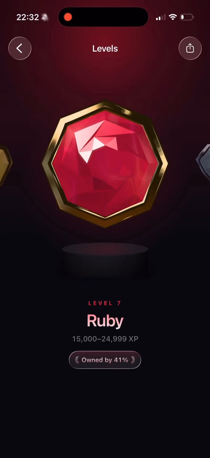 TripMemo travel level screen on iPhone showing the Ruby level badge