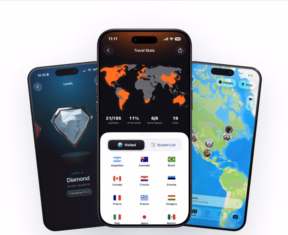 TripMemo's travel stats, Diamond level and travel map shown on three iPhones