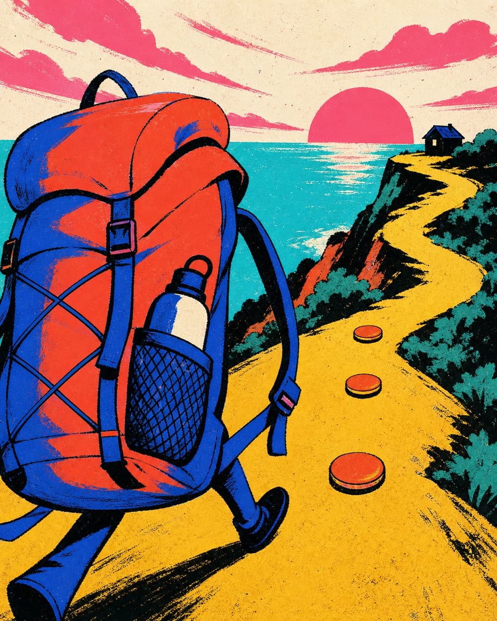 Backpacking Budget Calculator artwork with a backpack travelling along a coastal path