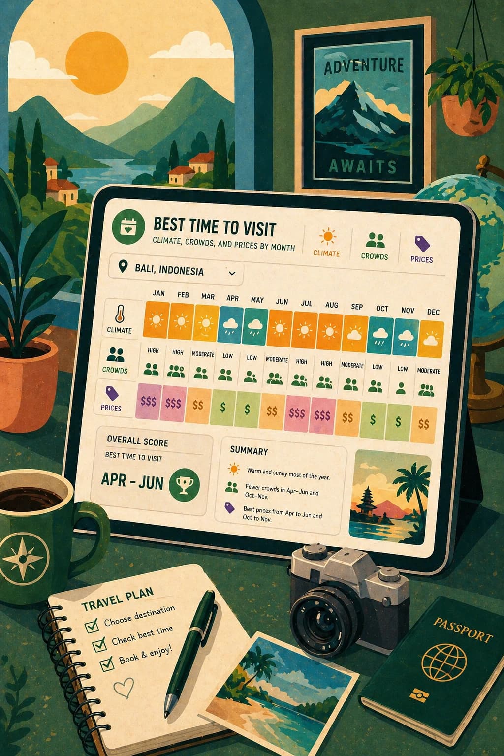 Best Time to Visit travel planning tool comparing climate crowds and prices by month
