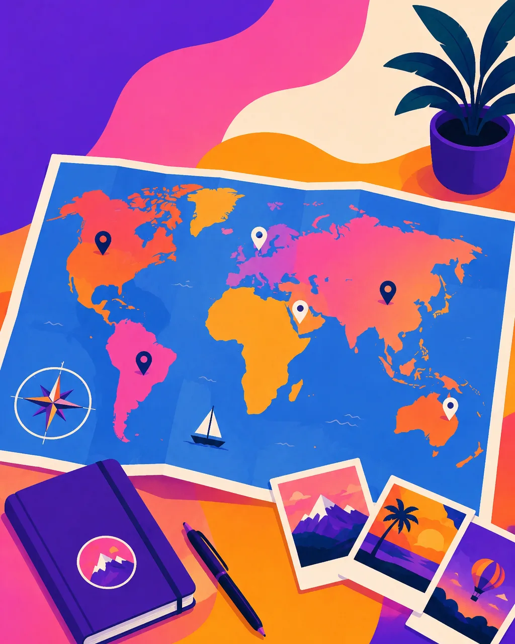 Bucket List Map: a world map dotted with location pins beside a compass, travel journal, pen and photos of mountains, a palm beach and a hot-air balloon