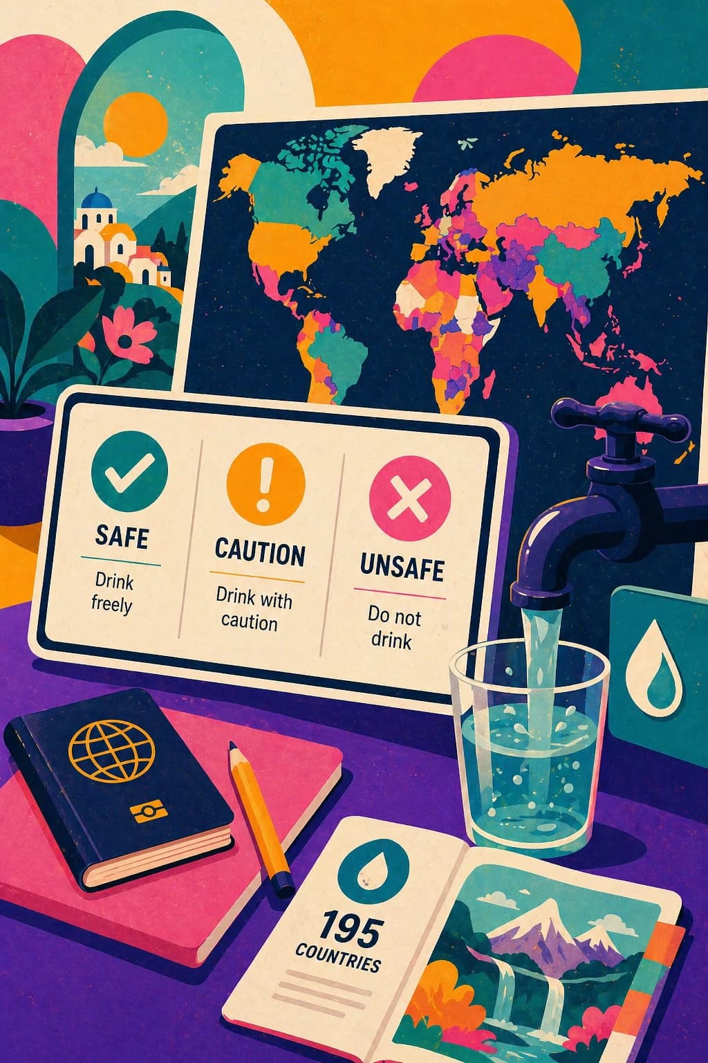 Can I Drink the Tap Water safety map showing safe caution and unsafe tap water ratings by country