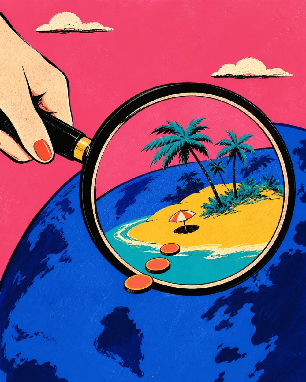 Cheap Country Finder artwork with a magnifying glass revealing an affordable tropical island