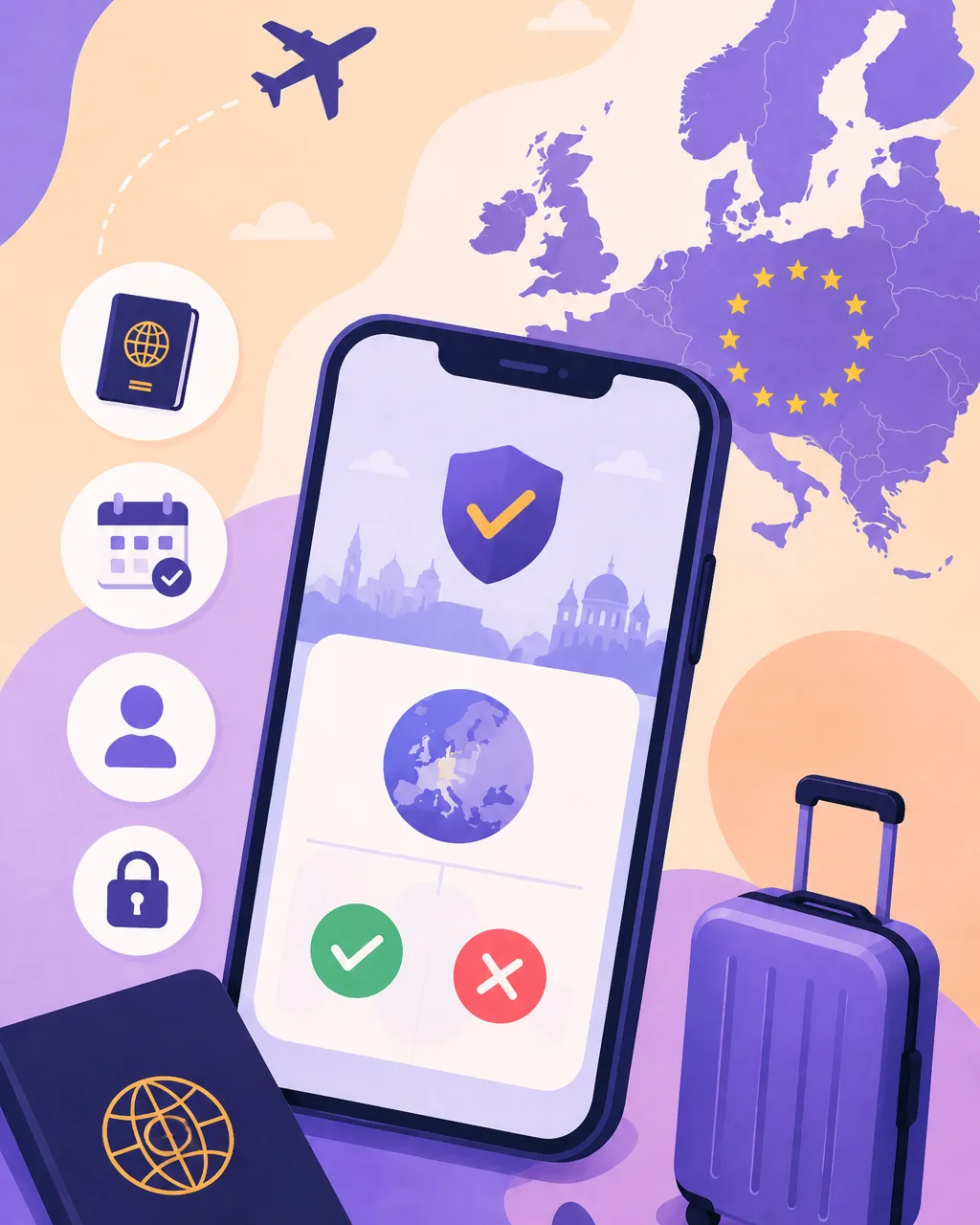 ETIAS Checker: a phone showing an approved Europe travel authorisation with a map of Europe and EU stars, beside a passport and suitcase