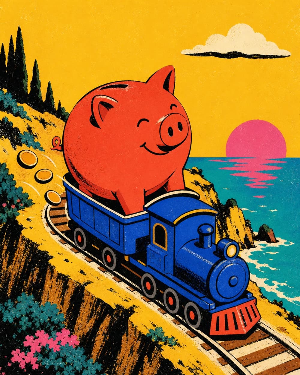 Europe Trip Cost Calculator artwork with a piggy bank riding a coastal train