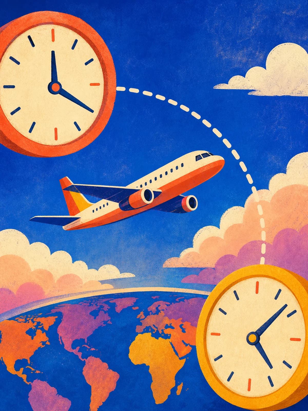 Flight Time and Distance Calculator: a phone showing a flight route on a world map with flight time and distance in kilometres, beside a passport, boarding pass and coffee