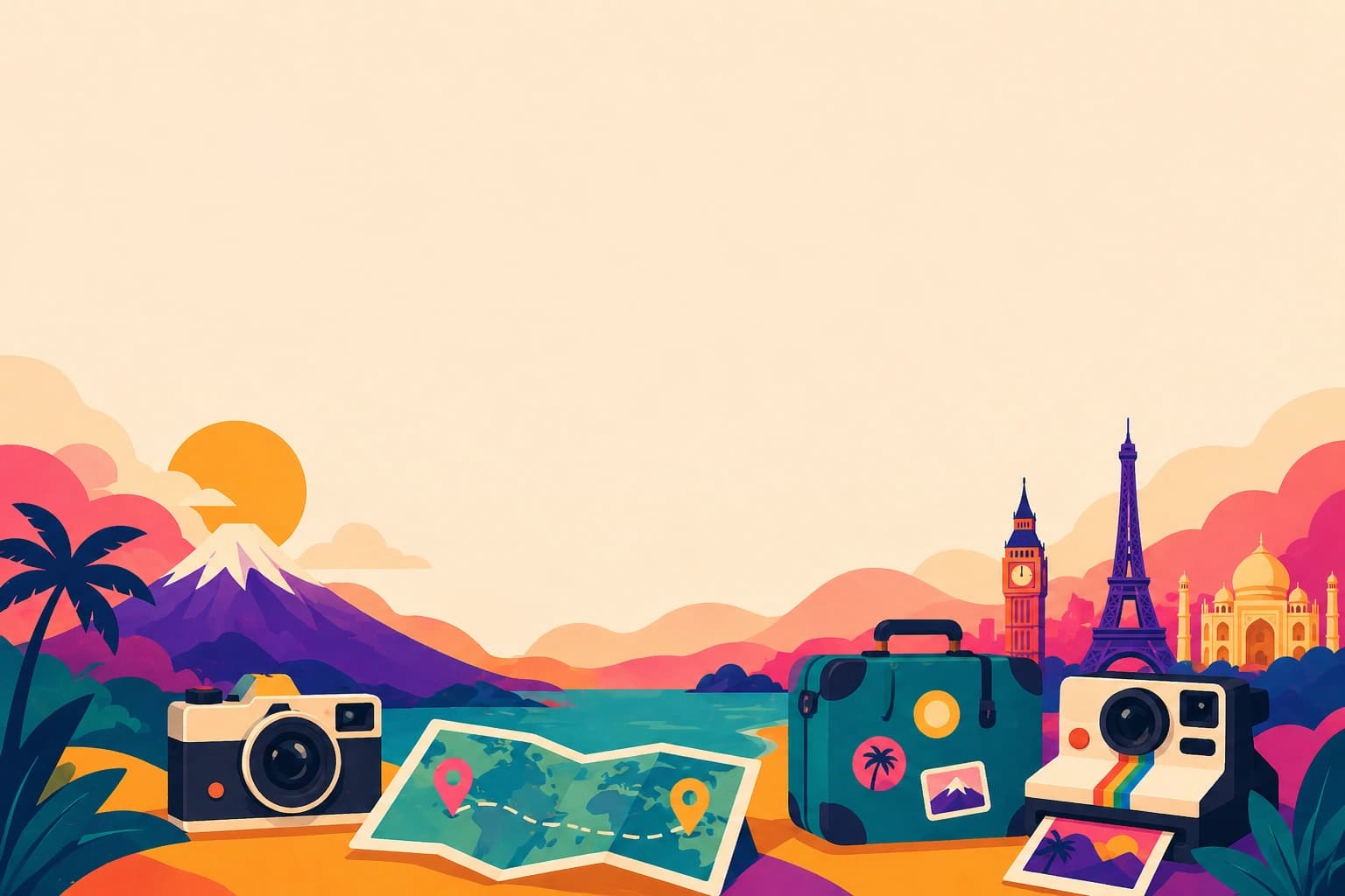 TripMemo travel tools hero illustration with travel calculators maps quizzes budget tools and photo tools