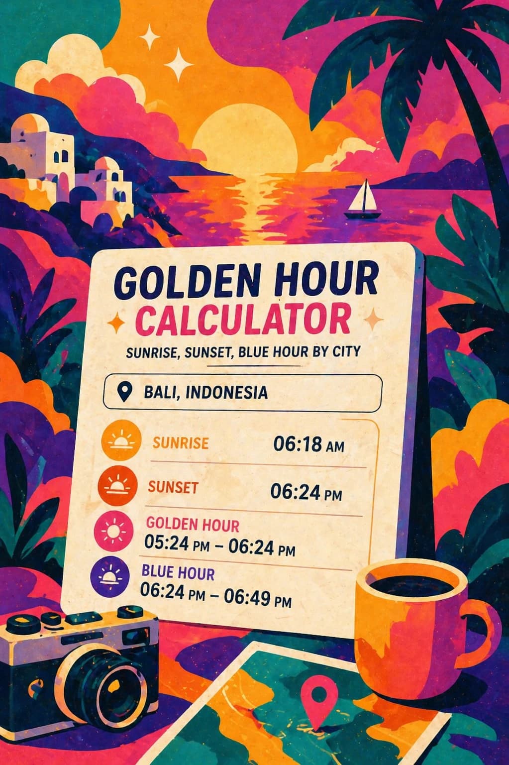 Golden Hour Calculator for sunrise sunset blue hour and travel photography times by city