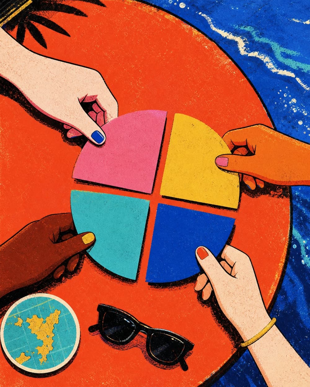 Group Trip Cost Splitter artwork with four travellers dividing shared costs at a seaside table