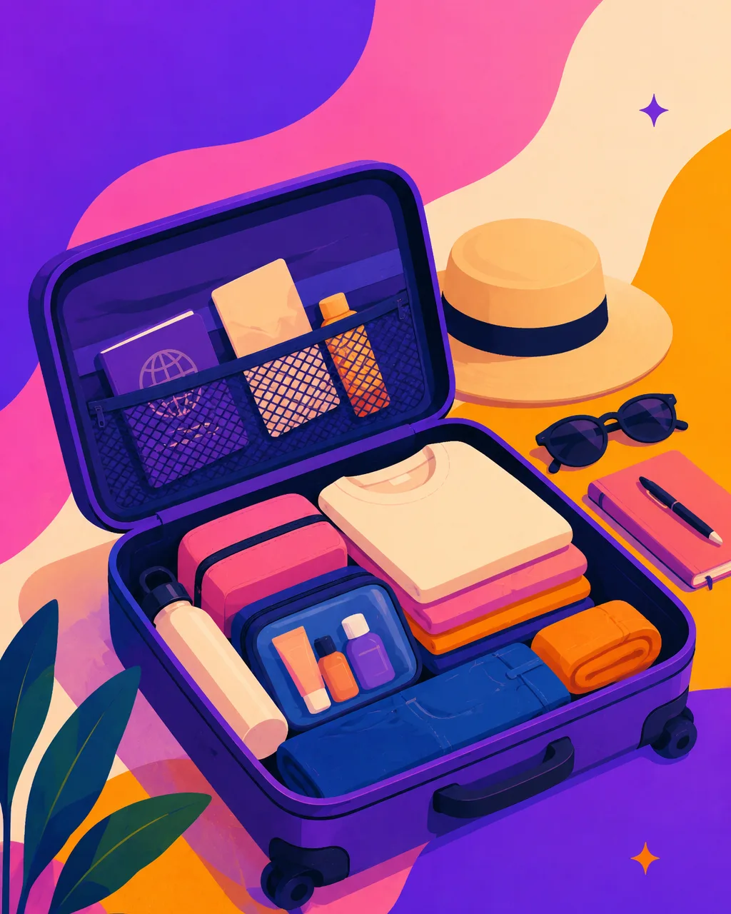 Packing List Generator: an open suitcase neatly packed with folded clothes, packing cubes, toiletries, a sun hat, sunglasses and a passport