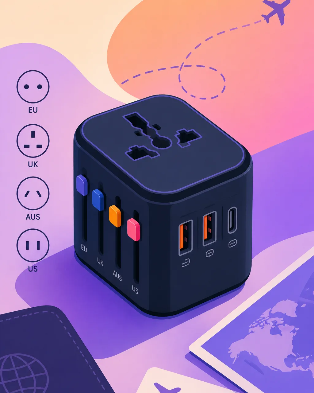 Travel Plug Adapter Checker: a universal travel adapter with USB ports and EU, UK, AUS and US plug socket types, beside a passport and world map