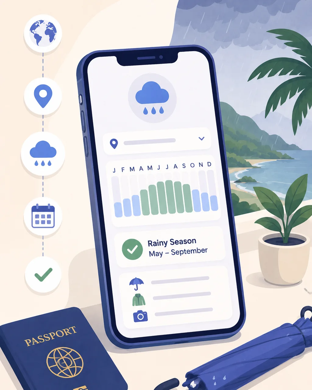 Rainy Season Checker: a phone showing a month-by-month rainfall chart and a Rainy Season May to September label, beside a tropical beach, passport and umbrella