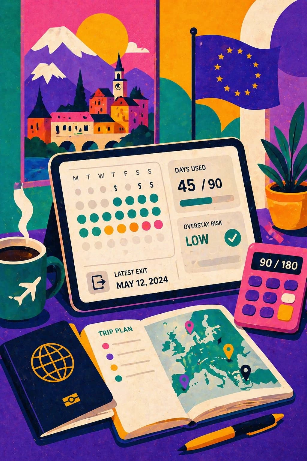 Schengen 90 180 visa days calculator for checking overstay risk days remaining and latest exit date