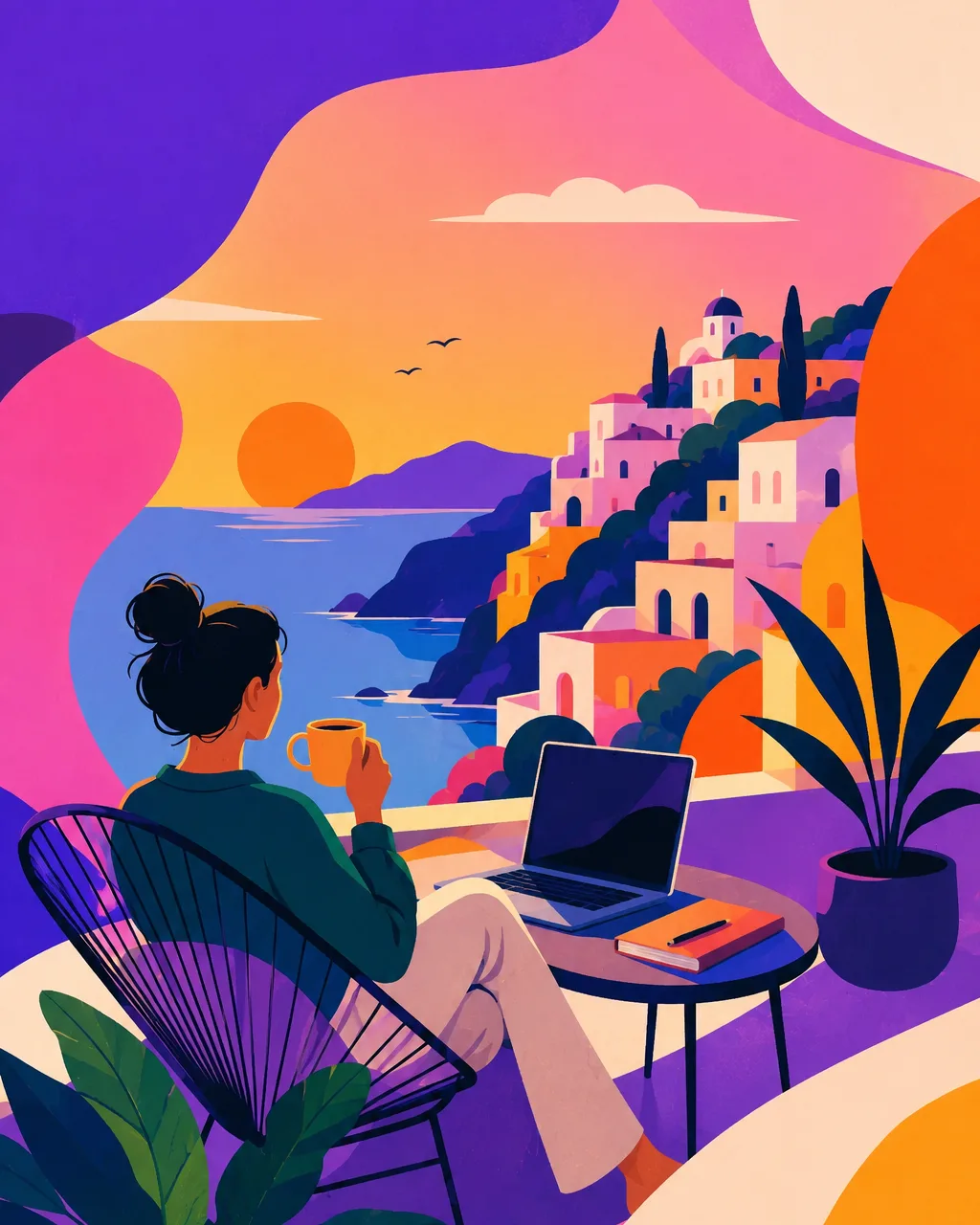 Slow Travel Destination Finder: a traveler relaxing with coffee and a laptop on a terrace overlooking a Mediterranean coastal town at sunset