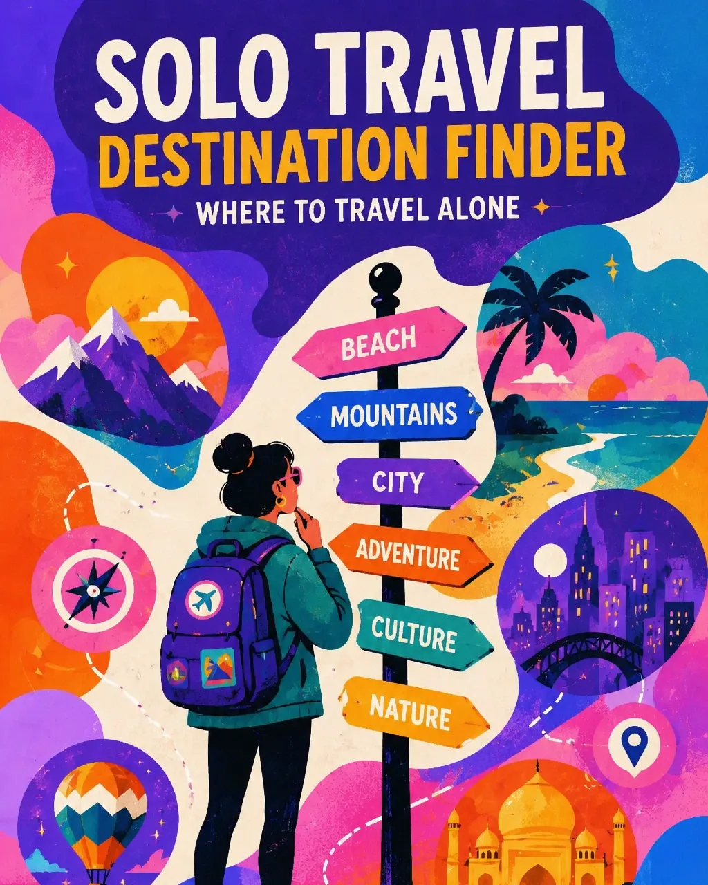 Solo Travel Destination Finder: a solo backpacker choosing where to travel alone from signposts for beach, mountains, city, adventure, culture and nature