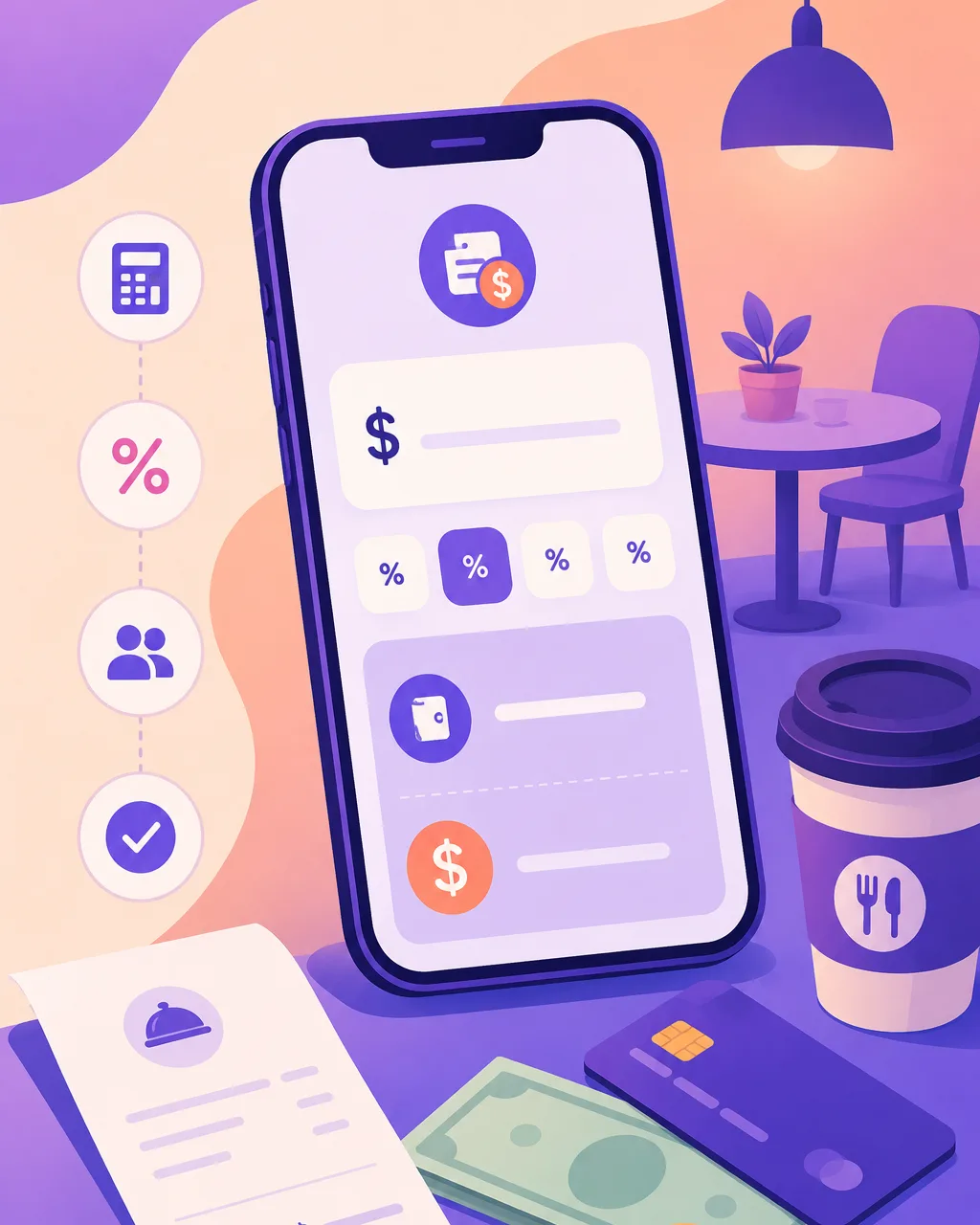 Tipping Calculator: a phone showing a tip calculator with bill amount and percentage options in a cafe, beside a receipt, cash, card and coffee cup