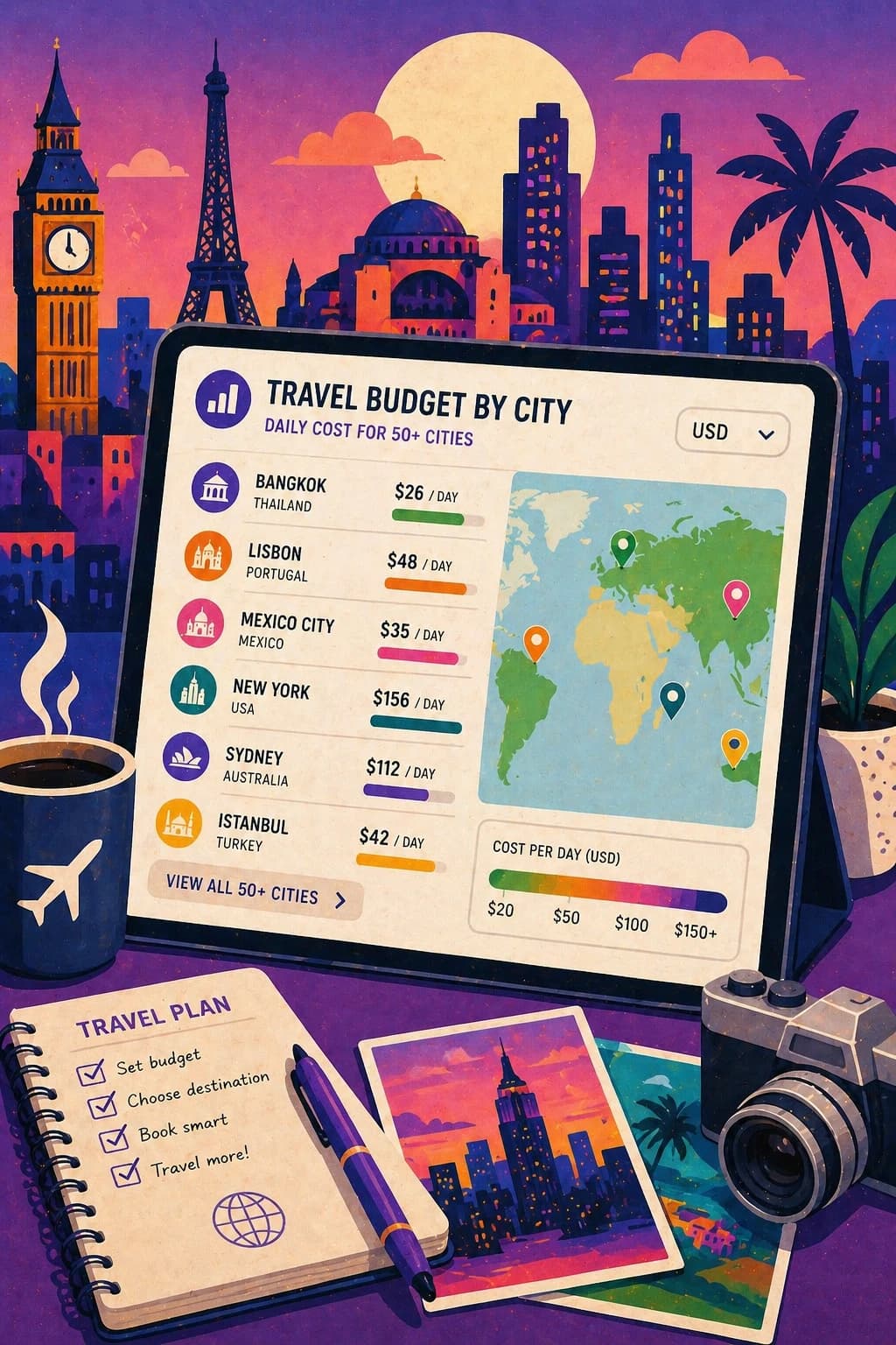 Travel Budget by City calculator showing daily travel costs for backpacker mid range and comfortable trips