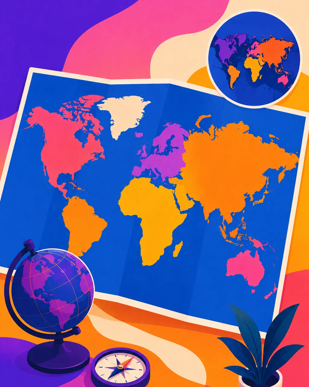 True Size of Countries Map: a world map with a globe inset showing map projection distortion, beside a desk globe and compass
