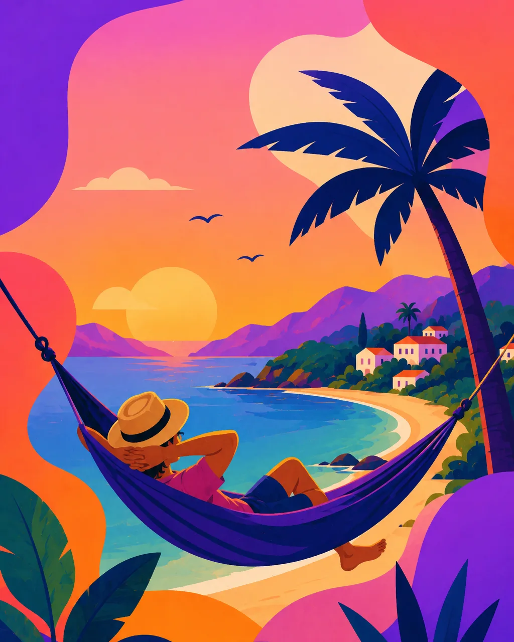 Warm Country Finder: a traveler relaxing in a hammock under a palm tree on a tropical beach at sunset
