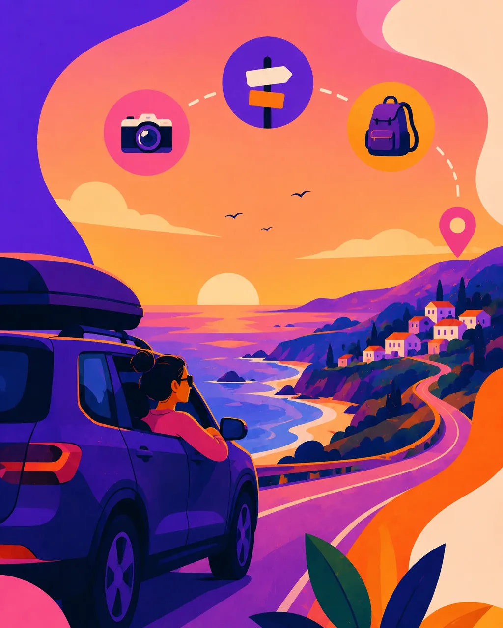 Weekend Trip Generator: a road tripper watching a coastal sunset drive, with camera, signpost, backpack and map-pin icons for planning a short weekend getaway