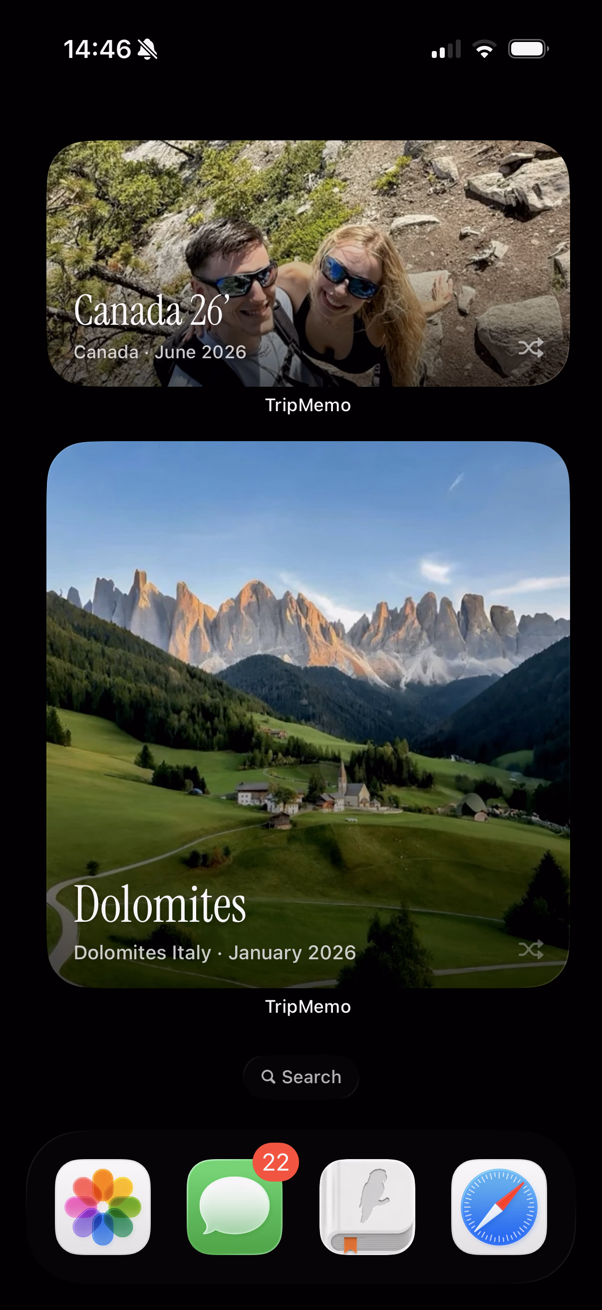 TripMemo Home Screen photo widgets for Canada and the Dolomites