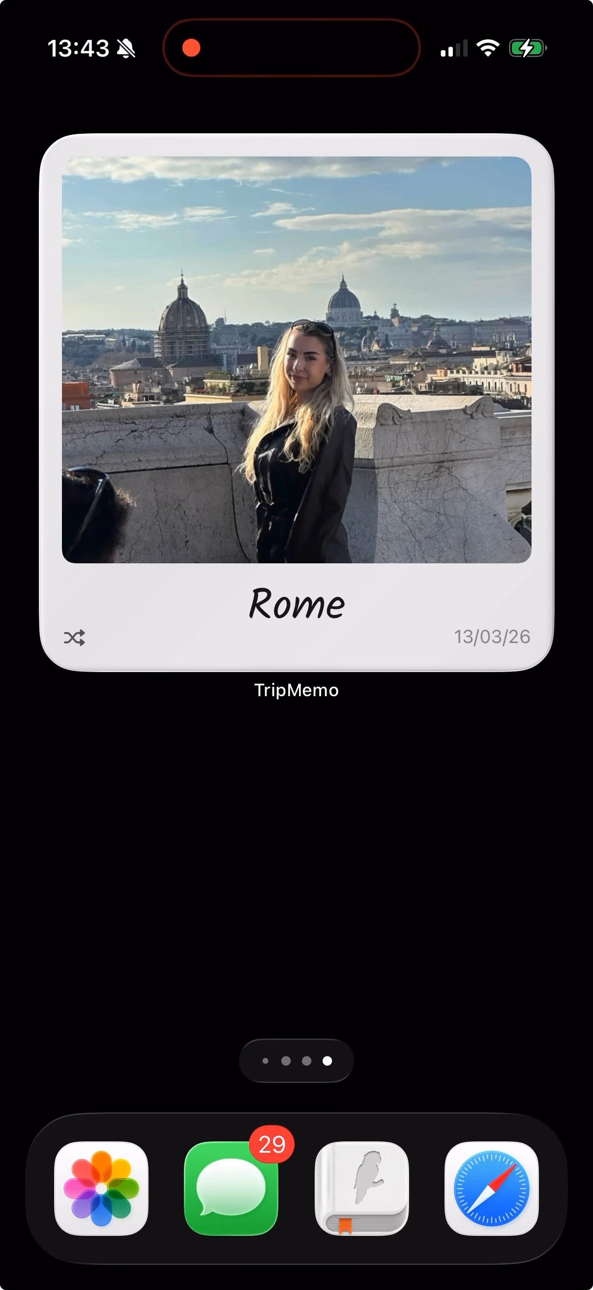 TripMemo Home Screen photo widget showing a memory from Rome