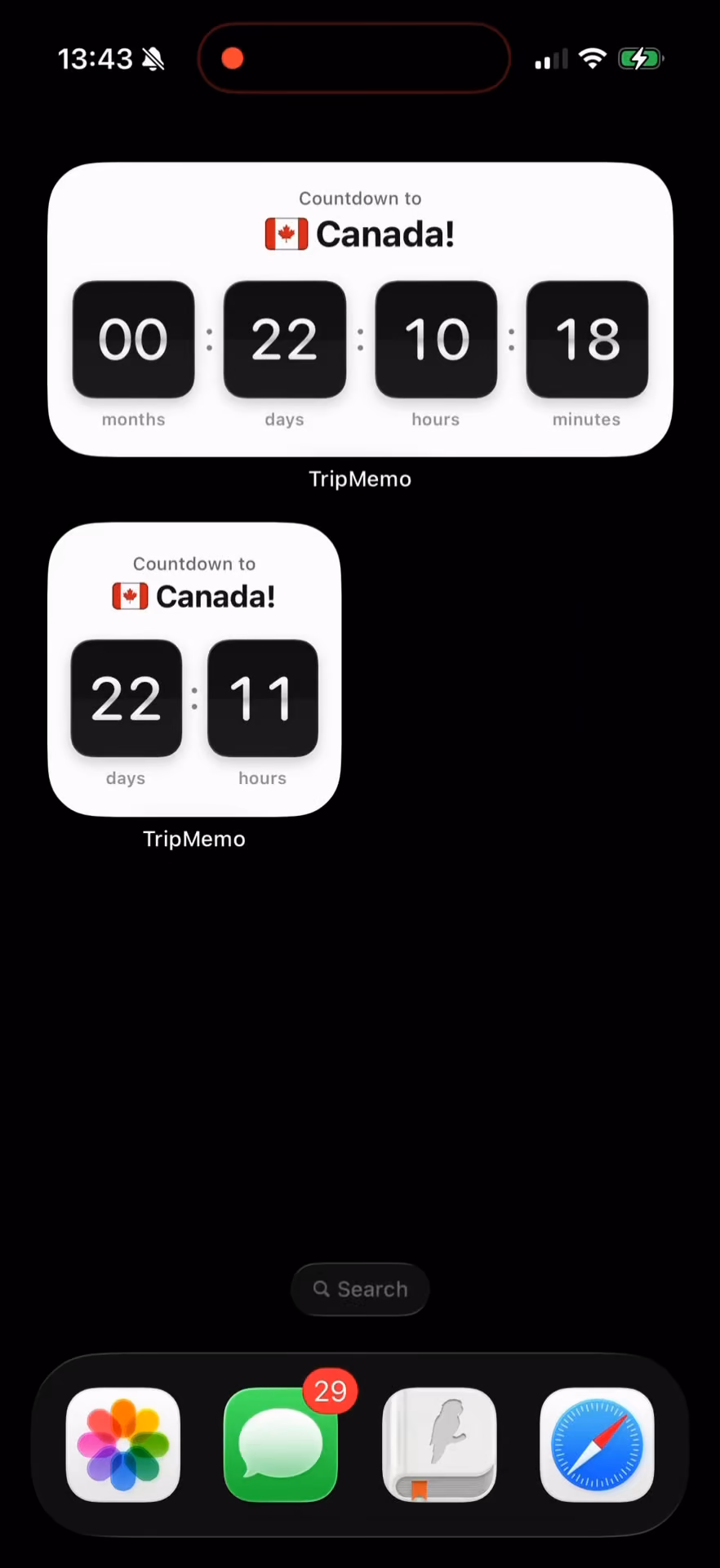 TripMemo trip countdown widgets on an iPhone Home Screen counting down to a Canada trip