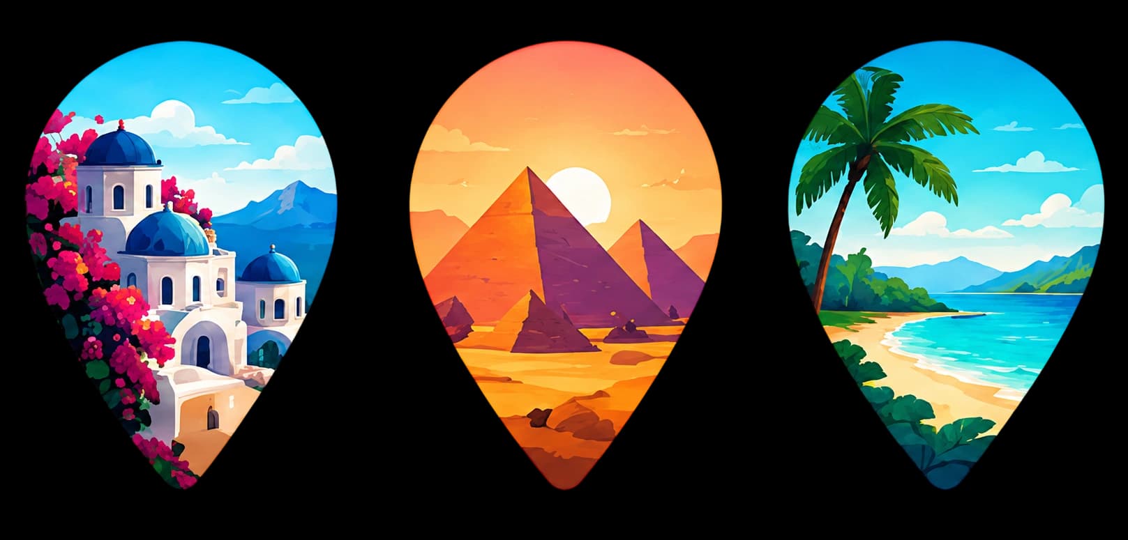 Three map pins each showing a travel destination — a Greek island, the Egyptian pyramids and a tropical beach — representing the countries you connect in Travle