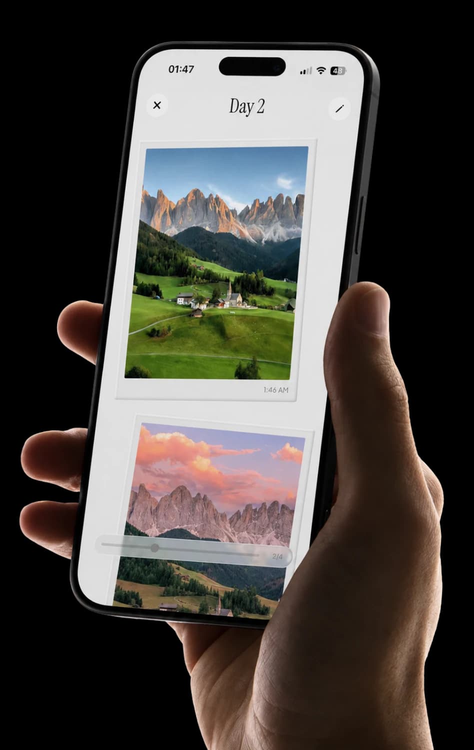 TripMemo app features showing travel photos automatically organized into digital TripBook day pages on iPhone