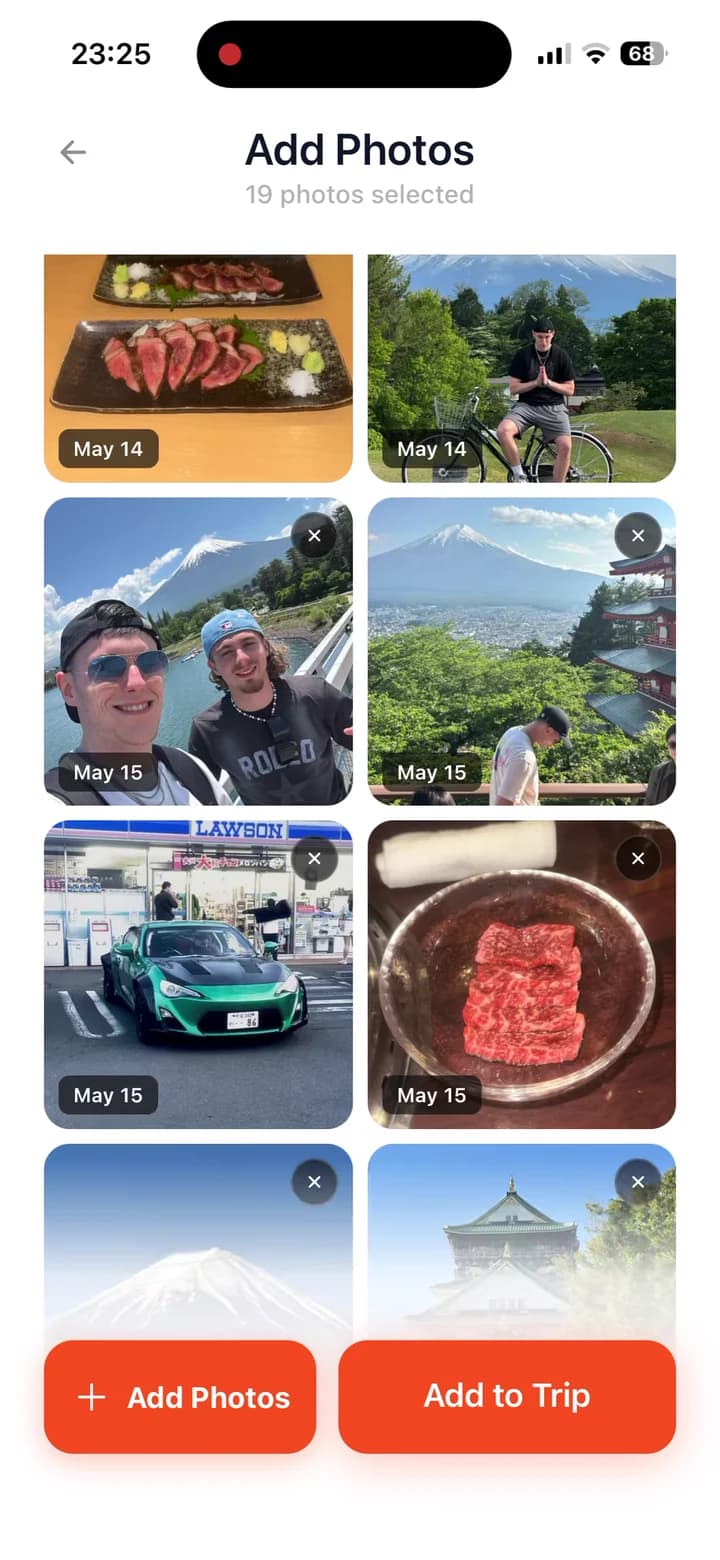 TripMemo app features showing hundreds of travel photos bulk uploaded and sorted into the correct trip days on iPhone