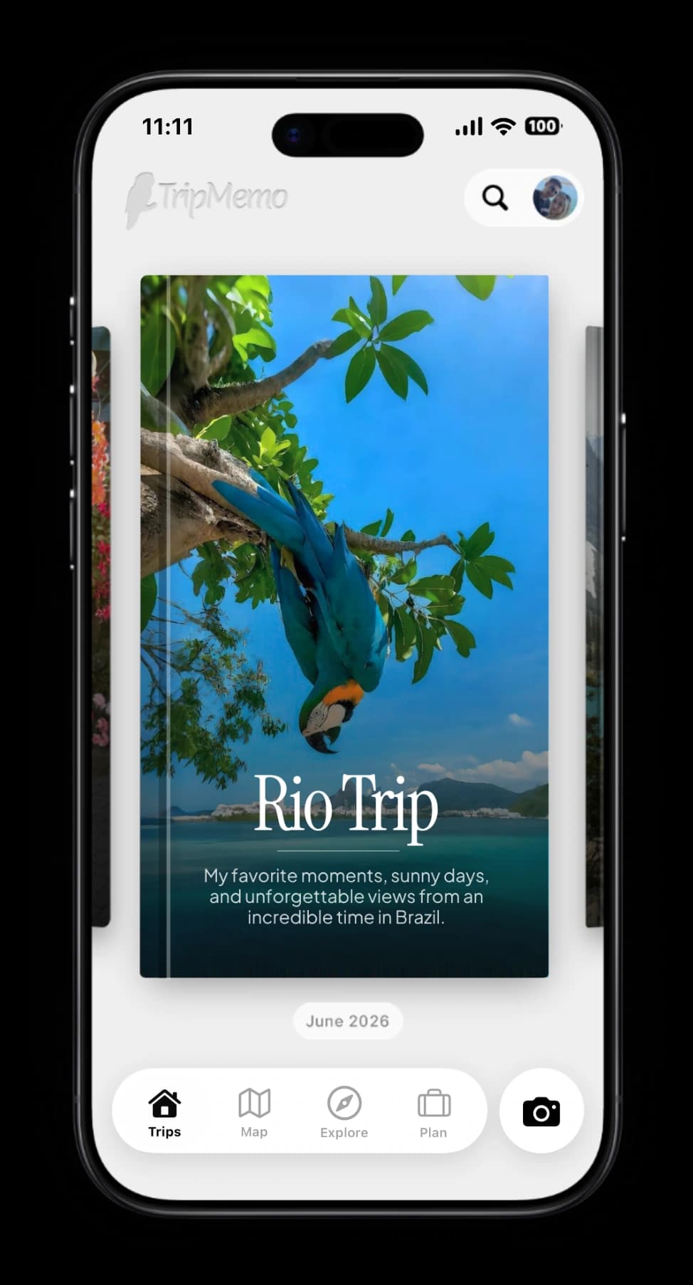 TripMemo app features showing a Rio digital travel TripBook with photos, places and daily memories on iPhone