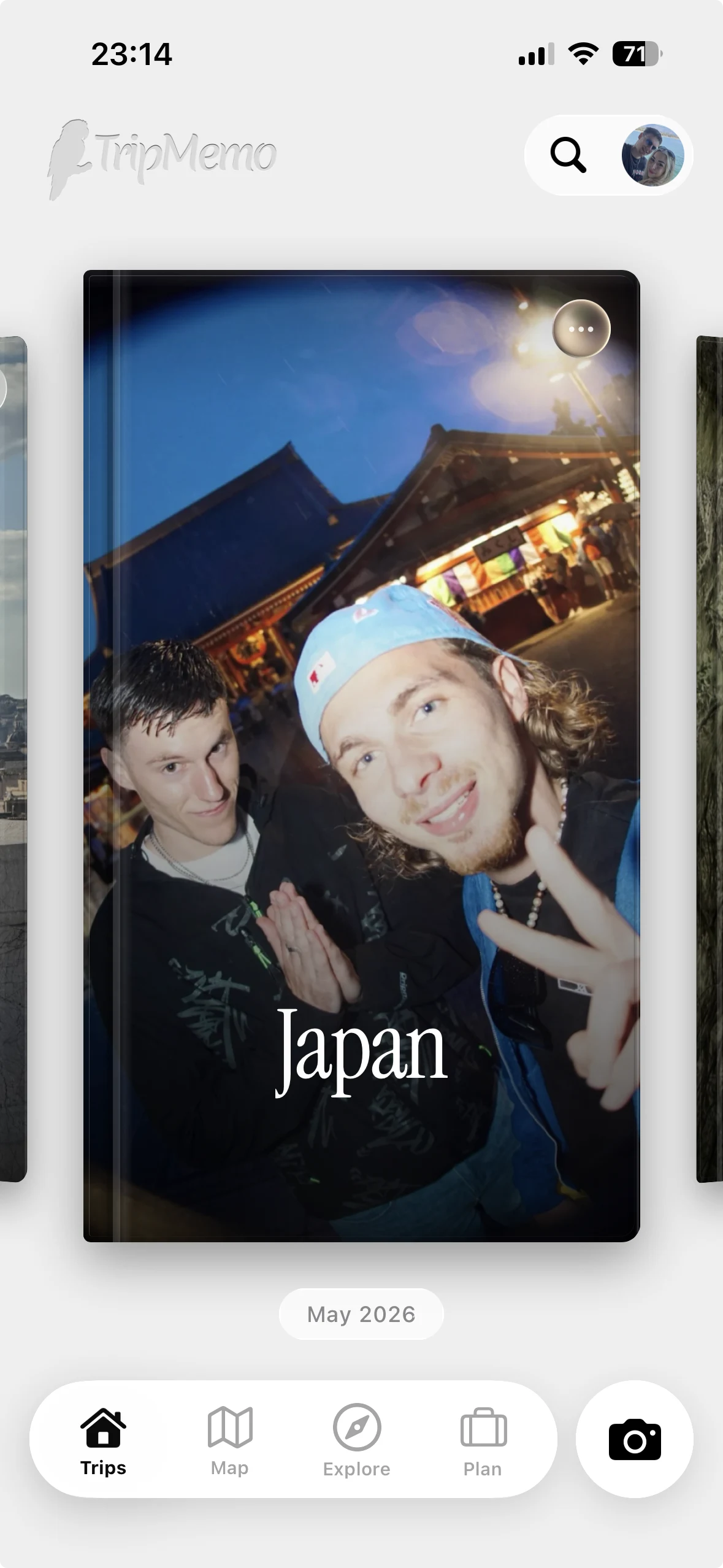 TripMemo app features showing a collaborative Japan TripBook ready to share with friends and family on iPhone