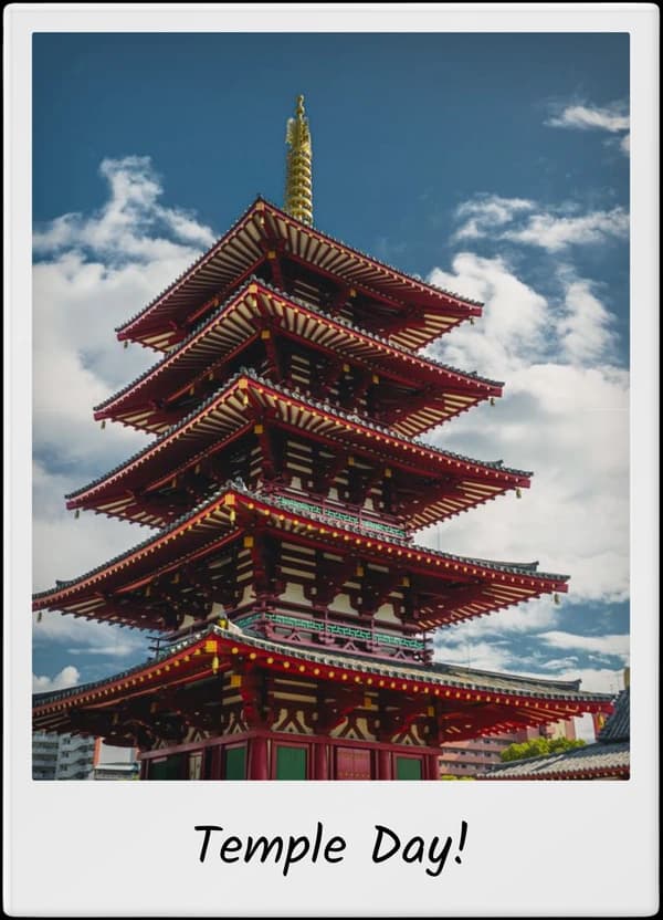 Temple travel photo in a cream Polaroid-style frame