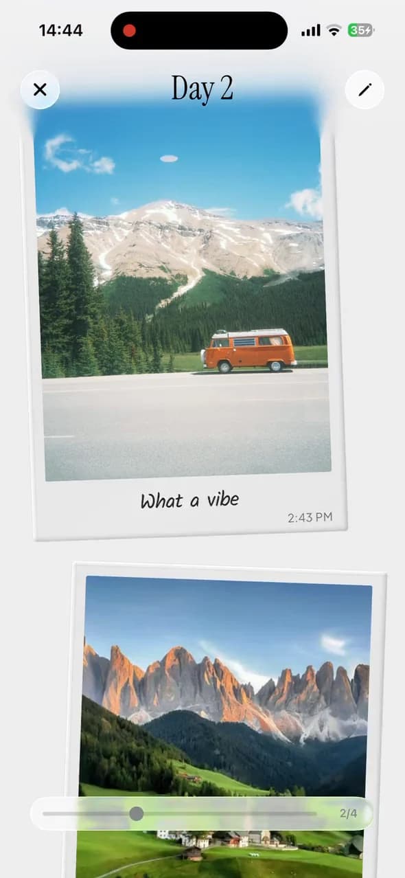 TripMemo app features showing Photo of the Day voting and a winning golden travel Polaroid on iPhone