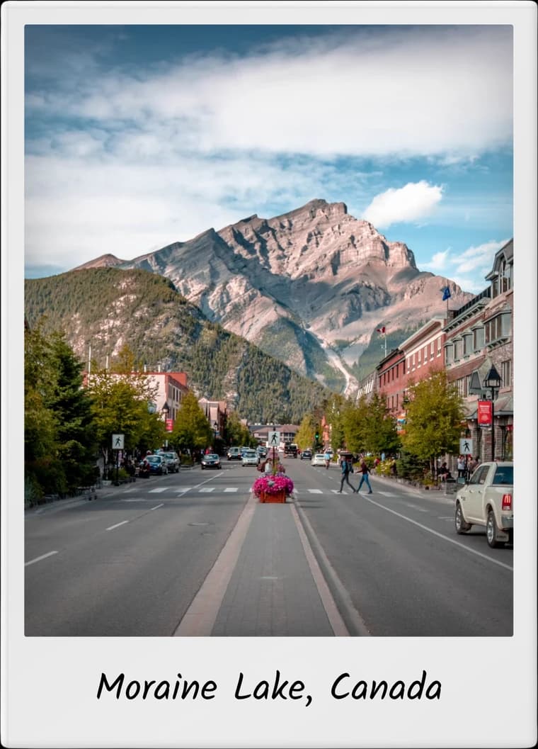 TripMemo app features showing a captioned Banff town and mountain travel Polaroid